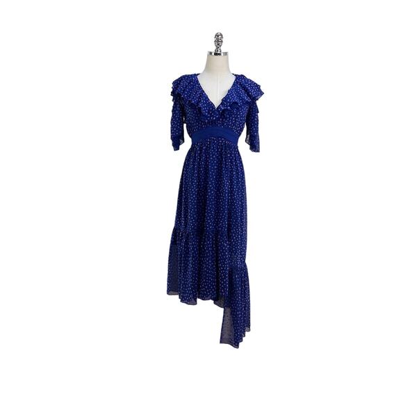 Three Floor Polka Dot Ada Dress Blue Ruffles V Neck Midi - Picture 2 of 12